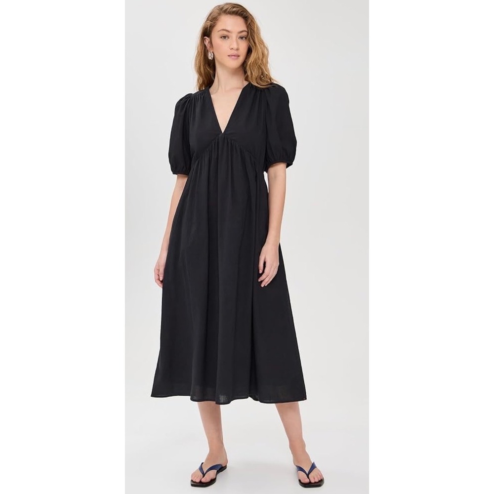 Xirena Blake Black Cotton V-Neck Puff Sleeve Midi Dress‎ XS Made in USA